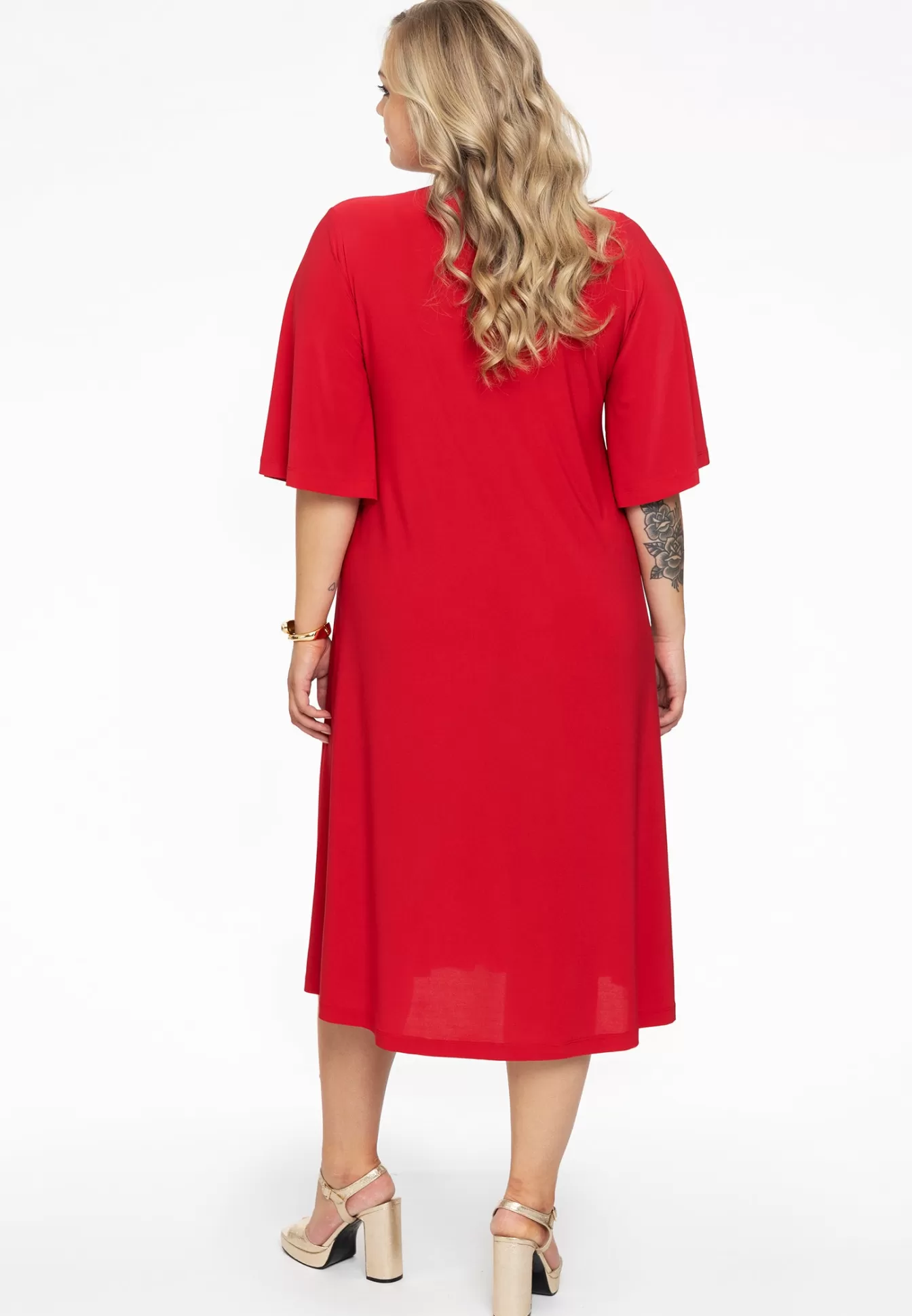Robe élégante YOEK coupe A-line - Manches ballon tendance - Collection DOLCE en rouge rubis - Promotion exclusive
