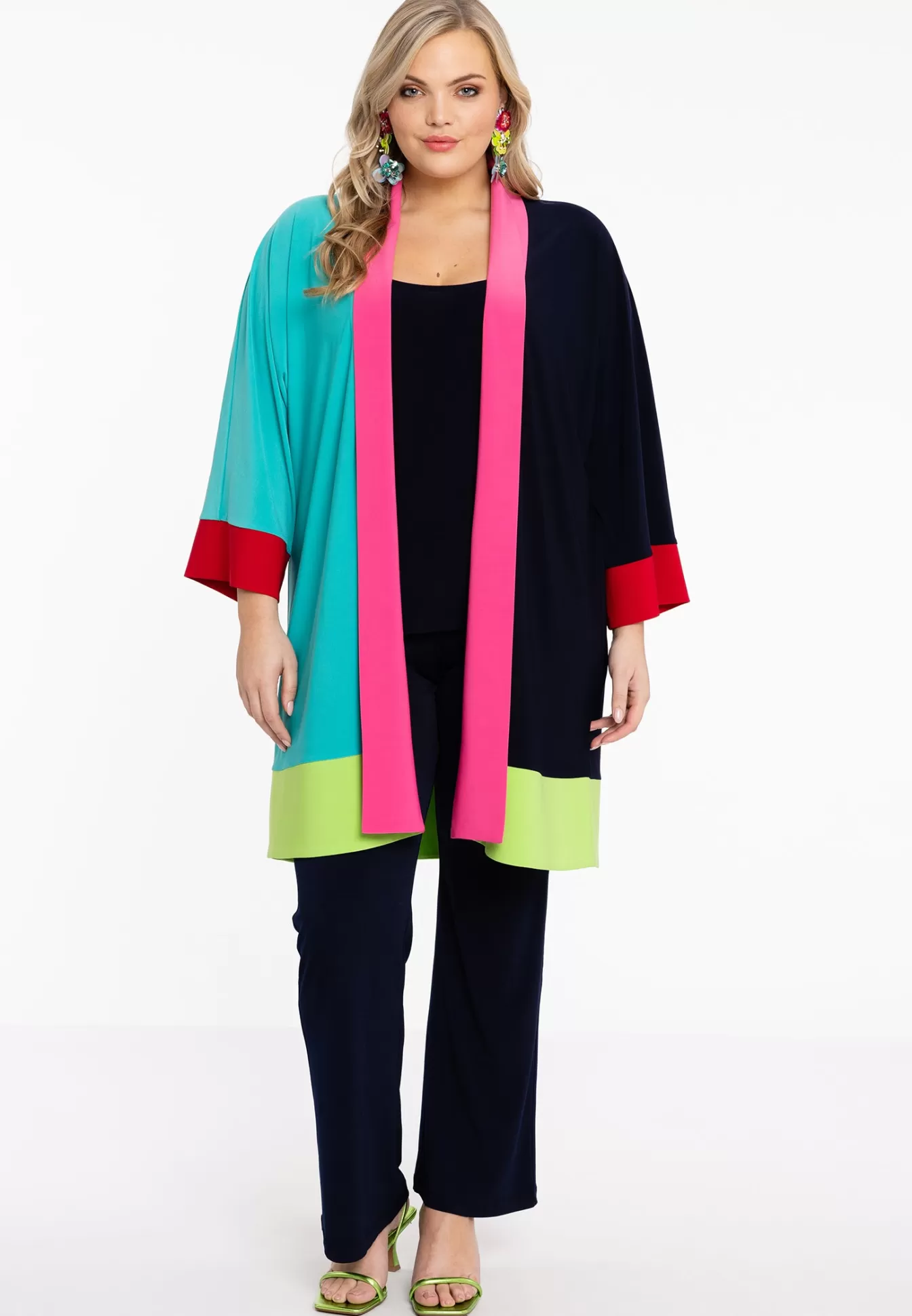 Kimono YOEK Élégant à Panneaux Contrastés - Bleu Dolce et Indigo - Style Japonais Moderne en Satin - Boutique Dolce Bleu