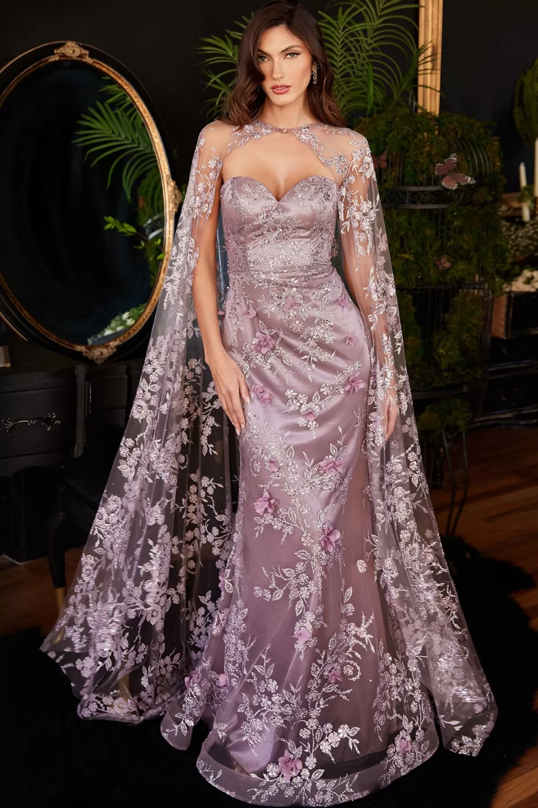 Robe de Soirée La Divine J834 - Cape Longue en Tulle - Nuances Marines, Doré Champagne & Mauve Pastel