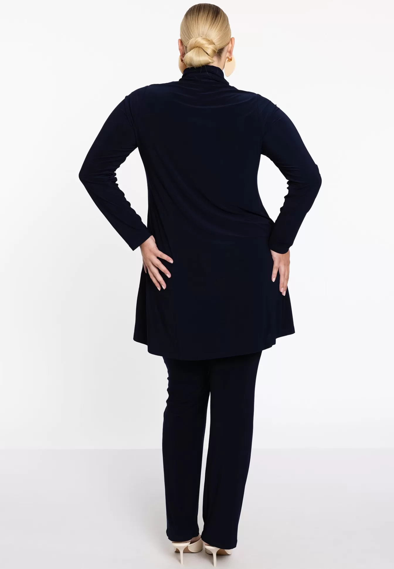 YOEK Robe tunique col chemisier - Jupe évasée en coton bleu océan - Modèle intemporel grande taille
